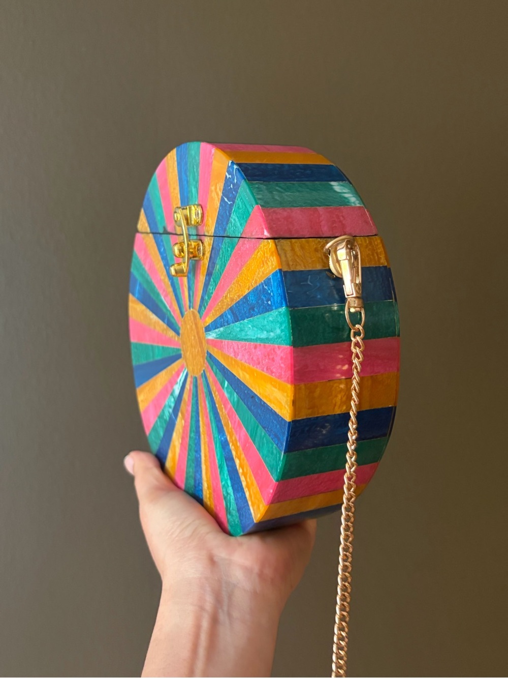 Rainbow Sunburst Acrylic Box Clutch | Round Statement Bag | Gold Chain - Picture 6 of 7